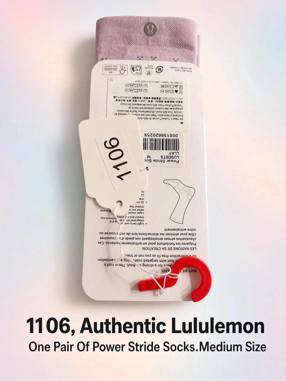 1106, Authentic lululemon Power Stride Crew Socks - Light Lavender. Medium Size